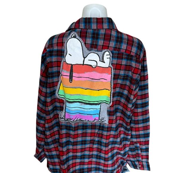 Snoopy Rainbow Pride Doghouse Plaid Flannel Shirt XXL Oversized Shacket Unique - Picture 1 of 6